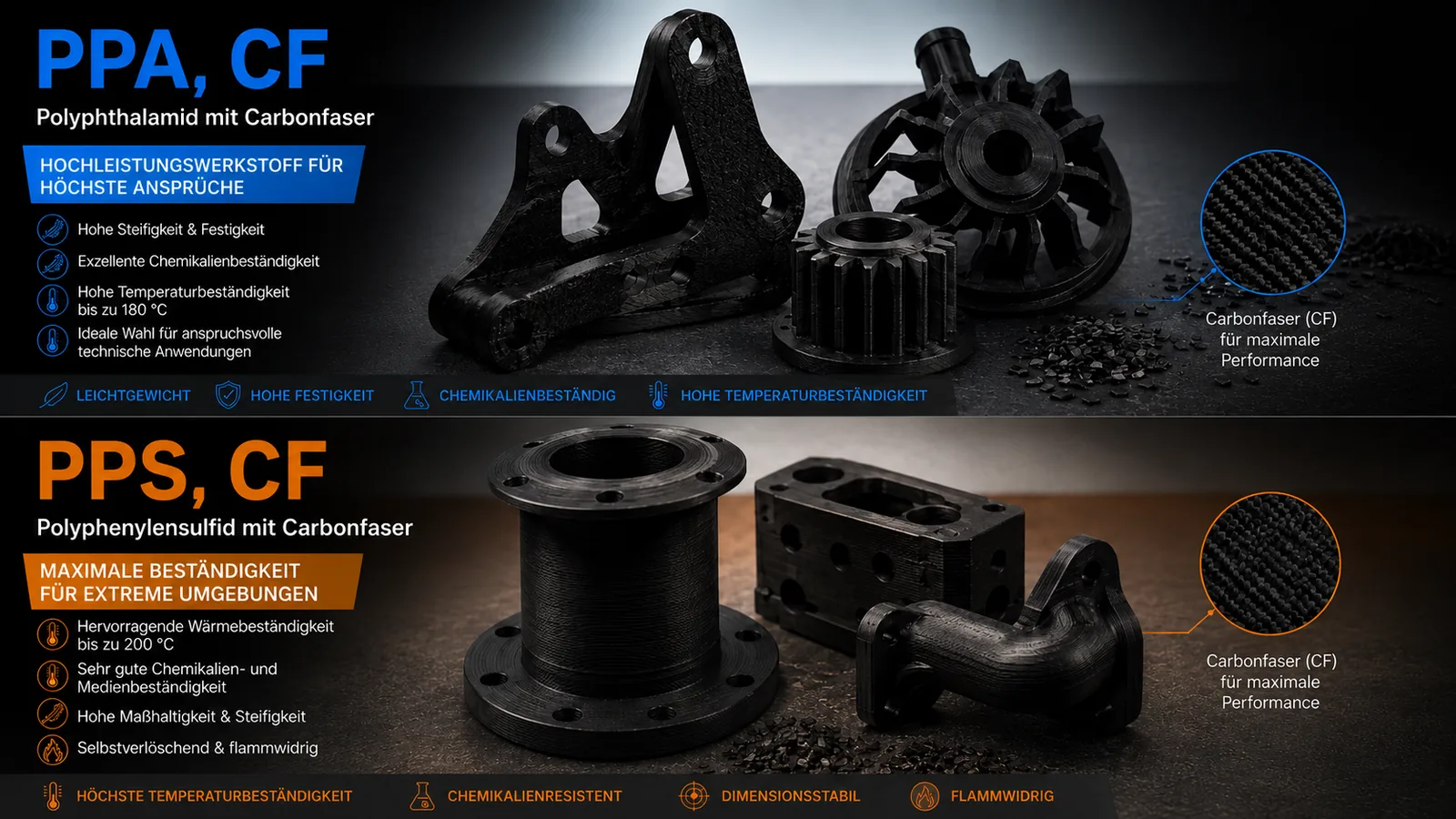 Direct comparison of PPA-CF and PPS-CF: carbon-reinforced 3D-printed parts with their properties – stiffness, temperature, chemical and flame resistance