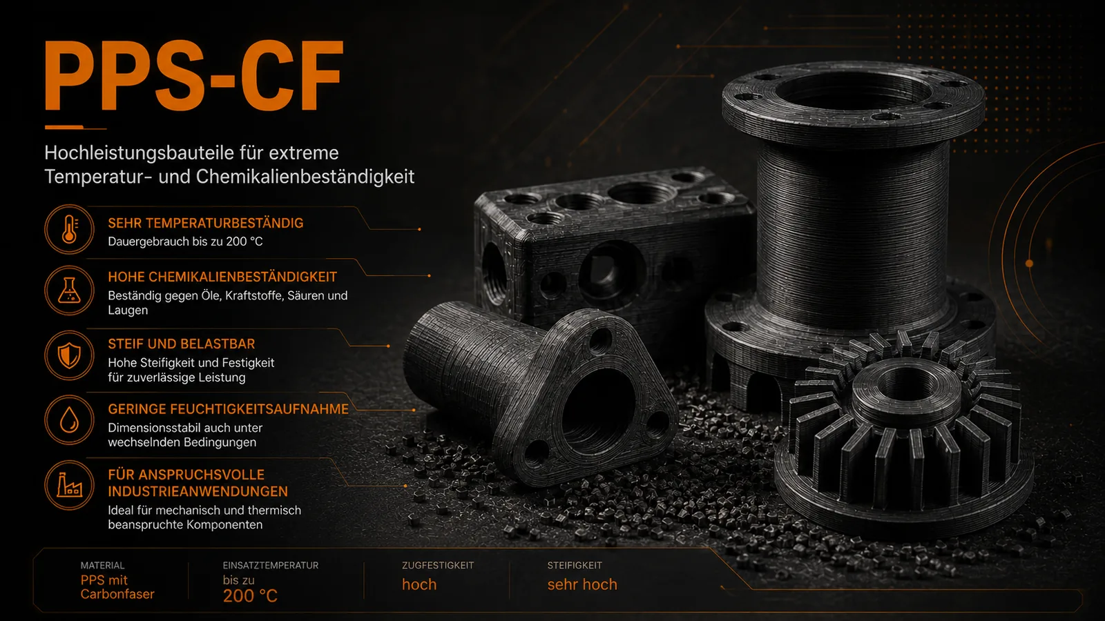 PPS-CF Carbon: 3D-gedruckte chemie- und hochtemperaturbeständige Bauteile – Flansche, Ventilblock und Lüfterrad