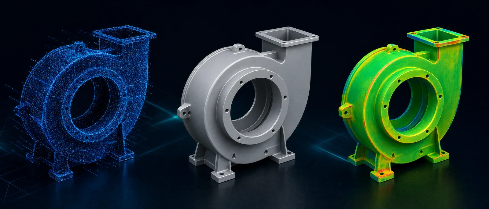 Drei Stufen des Reverse Engineering an einem Spiralgehäuse: blaue Punktwolke aus dem Scan, rekonstruiertes CAD-Modell in Silber, farbiger Abweichungsvergleich zwischen Scan und CAD