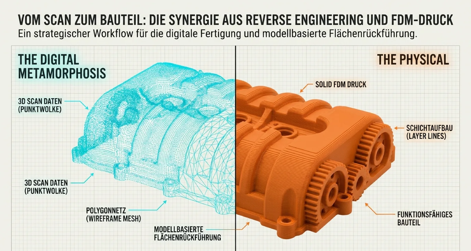 Vom Scan zum Bauteil: links die digitale Punktwolke und das Polygonnetz aus dem 3D-Scan, rechts dasselbe Bauteil als funktionsfähiger FDM-Druck mit sichtbarem Schichtaufbau