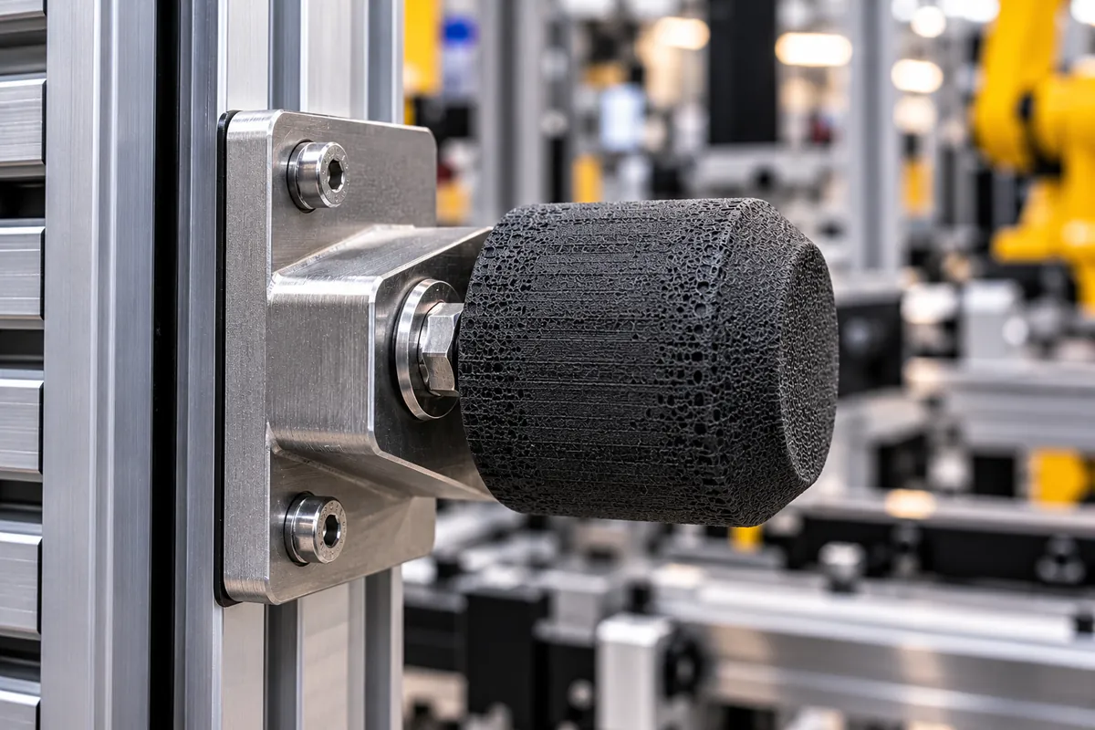Rückseitig verschraubter Dämpfungspuffer aus geschäumtem TPU an einem Aluminiumprofil in einer Automatisierungsanlage