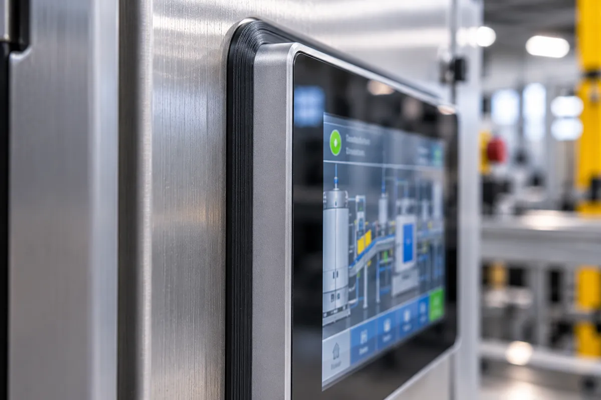 Touchpanel mit umlaufender schwarzer Dichtung aus geschäumtem TPU an einem Edelstahl-Schaltschrank