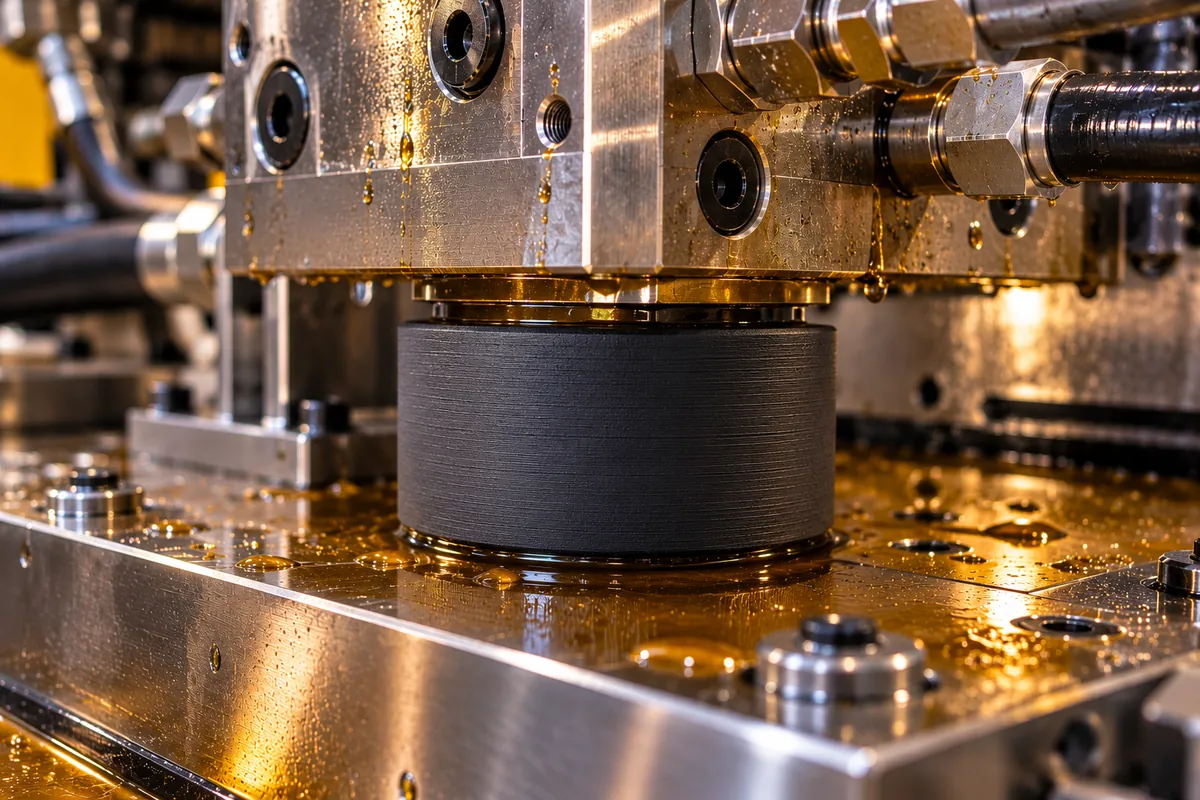 Zylindrischer Dämpfer aus geschäumtem TPU unter einem Hydraulikblock in einer ölbenetzten Maschinenumgebung