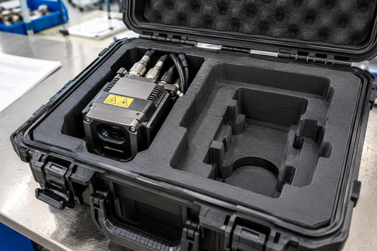 Industrie-Transportkoffer mit konturgenauer Einlage aus geschäumtem TPU für einen Sensor mit Steckverbindern