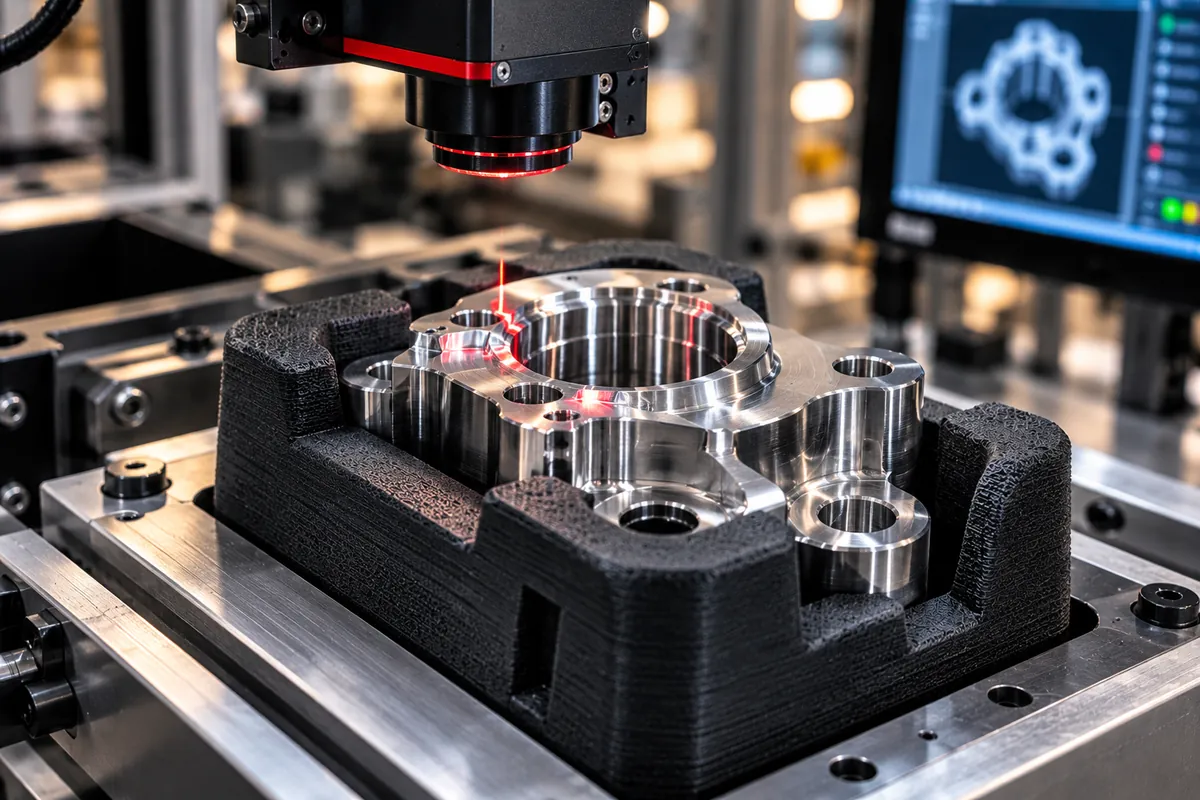 Gefrästes Aluminiumbauteil liegt in einem konturgenauen Prüfnest aus geschäumtem TPU unter einem Lasersensor