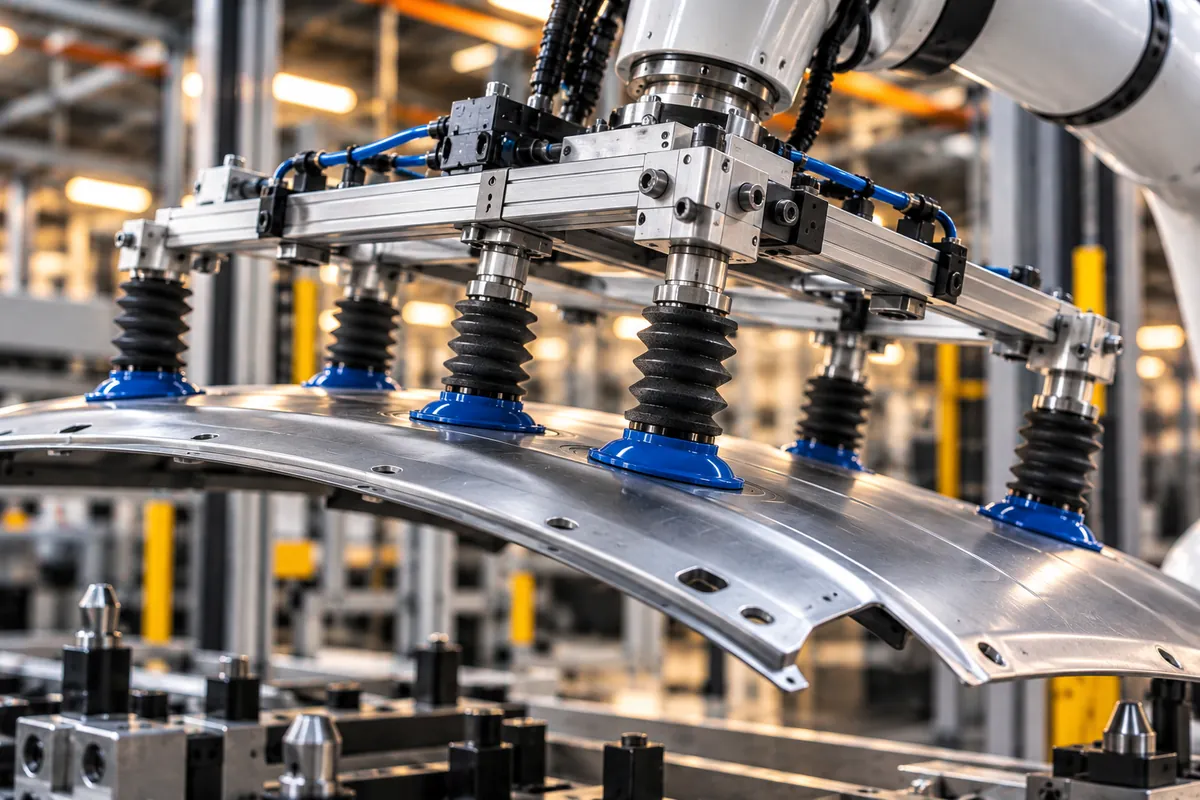 Greifer mit Faltenbalg-Elementen aus geschäumtem TPU hebt ein gebogenes Aluminiumblech